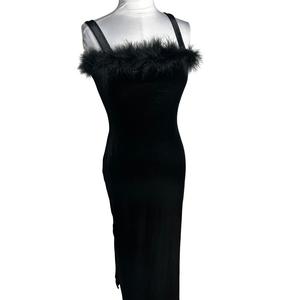 High Maintenance Vintage Black Velvet Feather Trim Maxi Dress L 4936 Made in USA
